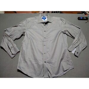 Egara Dress Shirt Men L Gray Stripe Non-Iron Slim Fit Classic Work Dinner Class